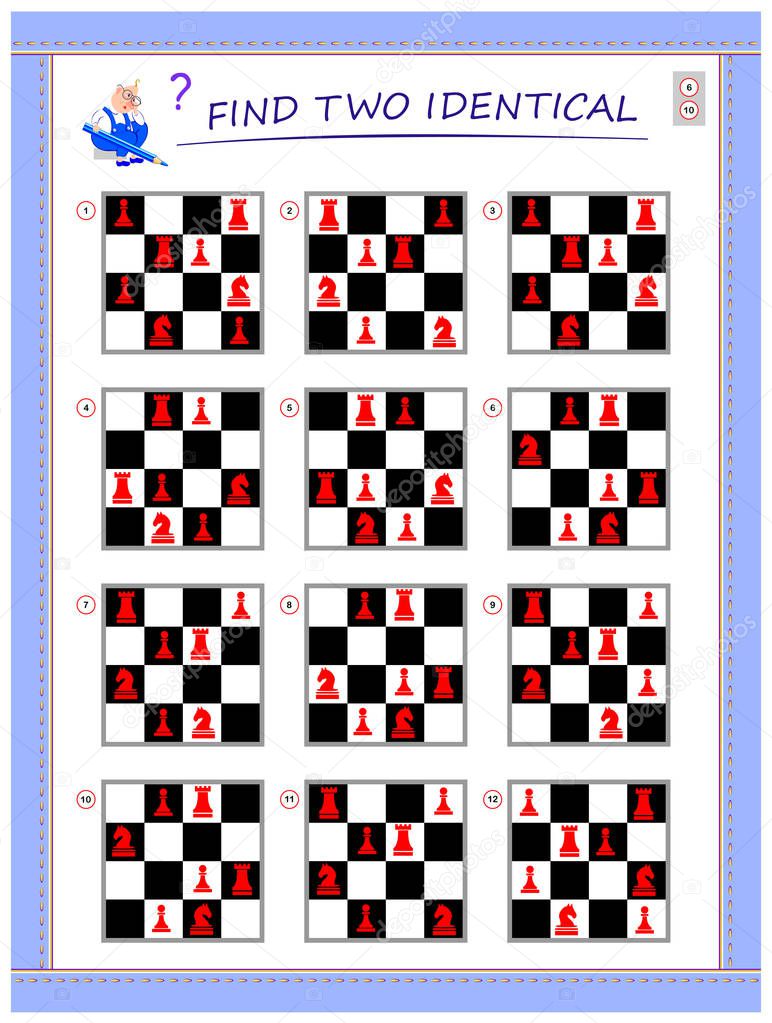 Logical puzzle game for little children. Need to find two identical chess boards. Educational page for kids. IQ training test. Printable worksheet for textbook. Back to school. Vector cartoon image.