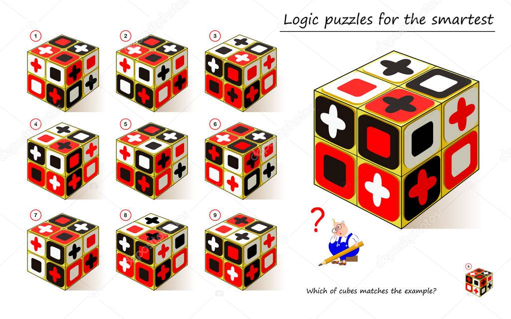 Logical puzzle game for children and adults. Which of cubes matches the example? Printable page for kids brain teaser book. Developing spatial thinking skills. IQ training test. Vector image.