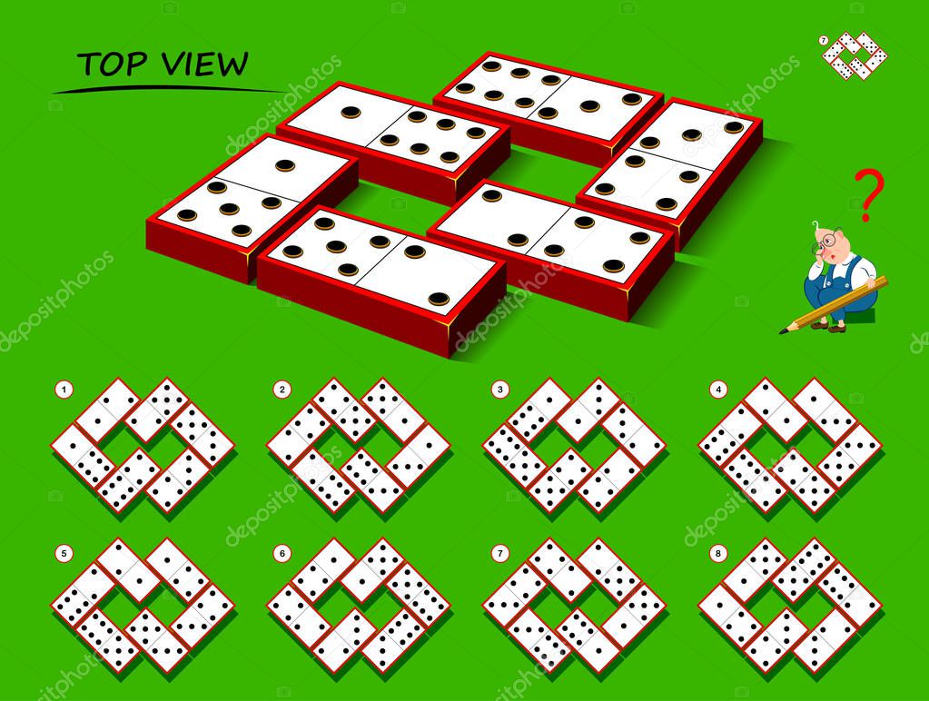 Logical puzzle game for children and adults. Need to find correct top view of dominoes. Printable page for kids brain teaser book. Developing spatial thinking skills. IQ training test. Vector image.