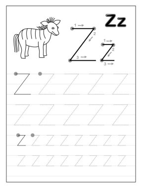 Alfabe harfi Z 'yi takip ediyorum. Çocuklar için siyah-beyaz eğitim sayfaları. Çocuk ders kitabı için basılabilir çalışma tablosu. Yazma becerileri geliştiriyorum. Bebek kitabı için vektör. Okula geri dön..
