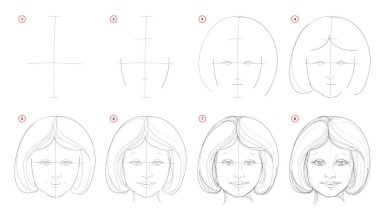How to draw step-wise imaginary portrait of cute smiling little girl. Creation step by step pencil drawing. Educational page. School textbook for developing artistic skills. Hand-drawn vector image. clipart