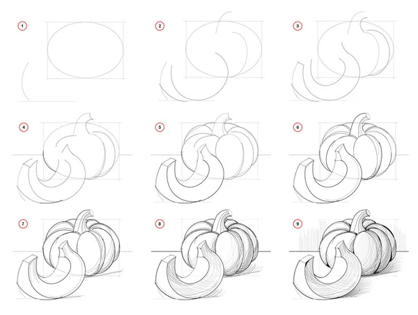 Hoe Maak Een Stapsgewijs Beeld Van Stilleven Met Pompoen Creatie — Stockvector