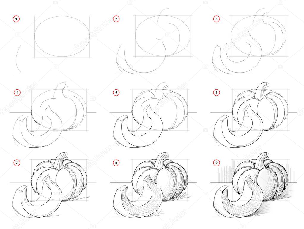 How to draw step-wise picture of still life with pumpkin. Creation step by step pencil drawing. Educational page. School textbook for developing artistic skills. Hand-drawn vector image.
