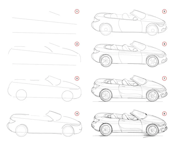 Wie Man Schritt Weise Imaginäre Modische Cabrio Auto Zeichnen Schritt — Stockvektor