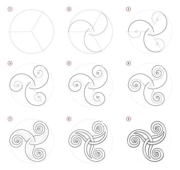 Cómo Dibujar Paso Paso Celta Símbolo Popular Triskel Creación Paso — Archivo Imágenes Vectoriales