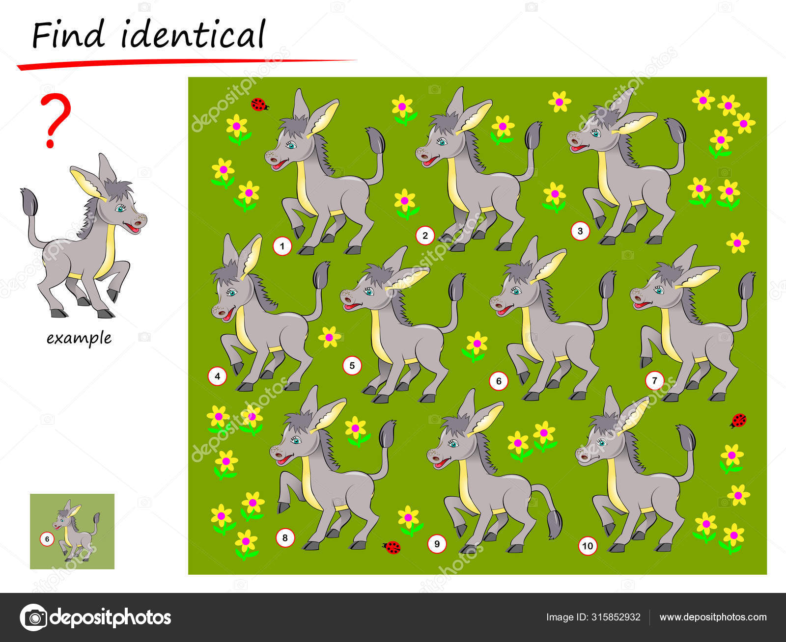 Logical Puzzle Game Children Adults Need Find Donkey Identical