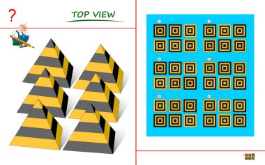 Çocuklar ve yetişkinler için mantıklı bulmaca oyunu. Piramitlerin doğru üst görünümü bulunmalı. Çocuk beyinli muziplik kitabı için basılabilir sayfa. Uzaysal düşünme becerileri geliştiriyorum. IQ eğitim testi. Vektör resmi.
