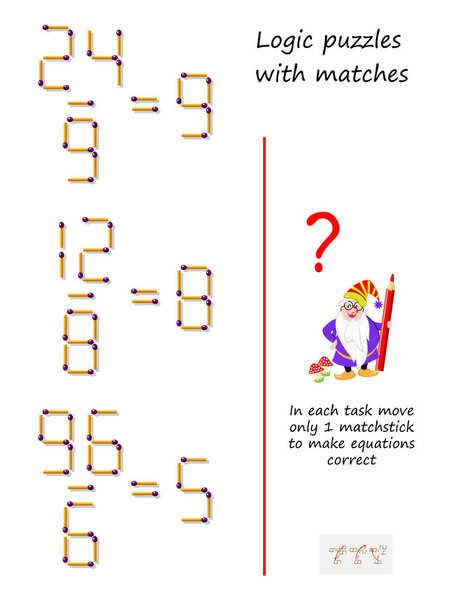 Logic puzzle game with matches. In each task move only 1 matchstick to make equations correct. Math tasks on division. Printable page for brain teaser book. Developing spatial thinking. Vector image.