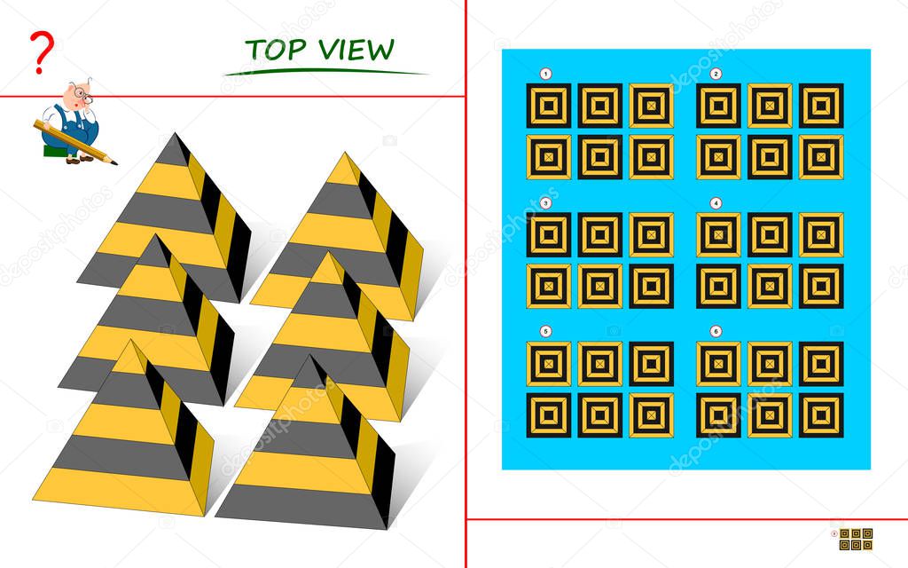 Logical puzzle game for children and adults. Need to find correct top view of pyramids. Printable page for kids brain teaser book. Developing spatial thinking skills. IQ training test. Vector image.