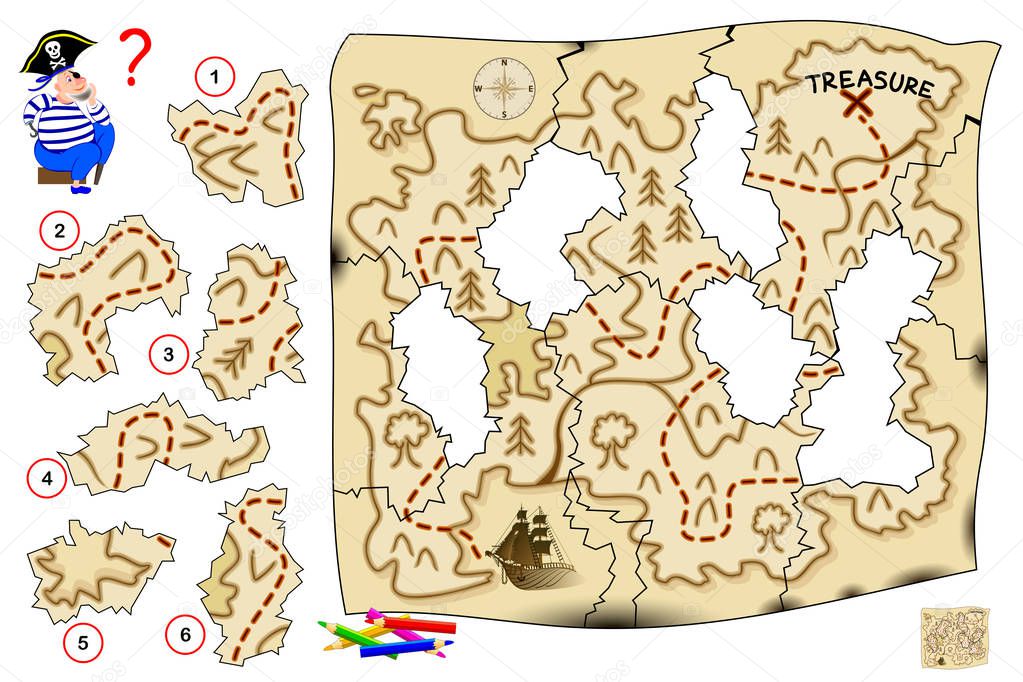 Logic puzzle game for children and adults. Help the pirate restore old map and find treasure. Find the correct place for each piece of paper and draw them. Printable page for kids brain teaser book.