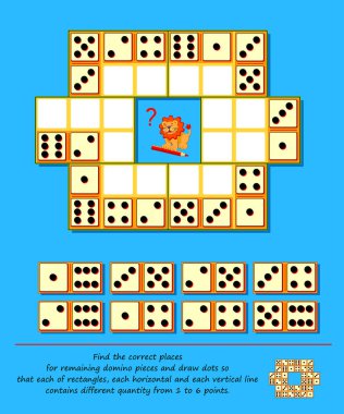 Logic puzzle game. Sudoku with dominoes. Find correct places for remaining pieces and draw dots so that each of rectangles, each horizontal and vertical line contains from 1 to 6 points. Play online. clipart