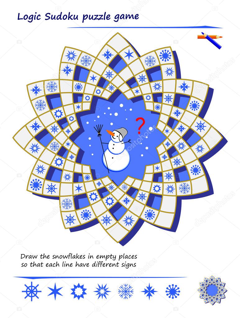 Logic Sudoku puzzle game for children and adults. Draw the snowflakes in empty places so that each line have different signs. Printable page for children brain teaser book. Play online.