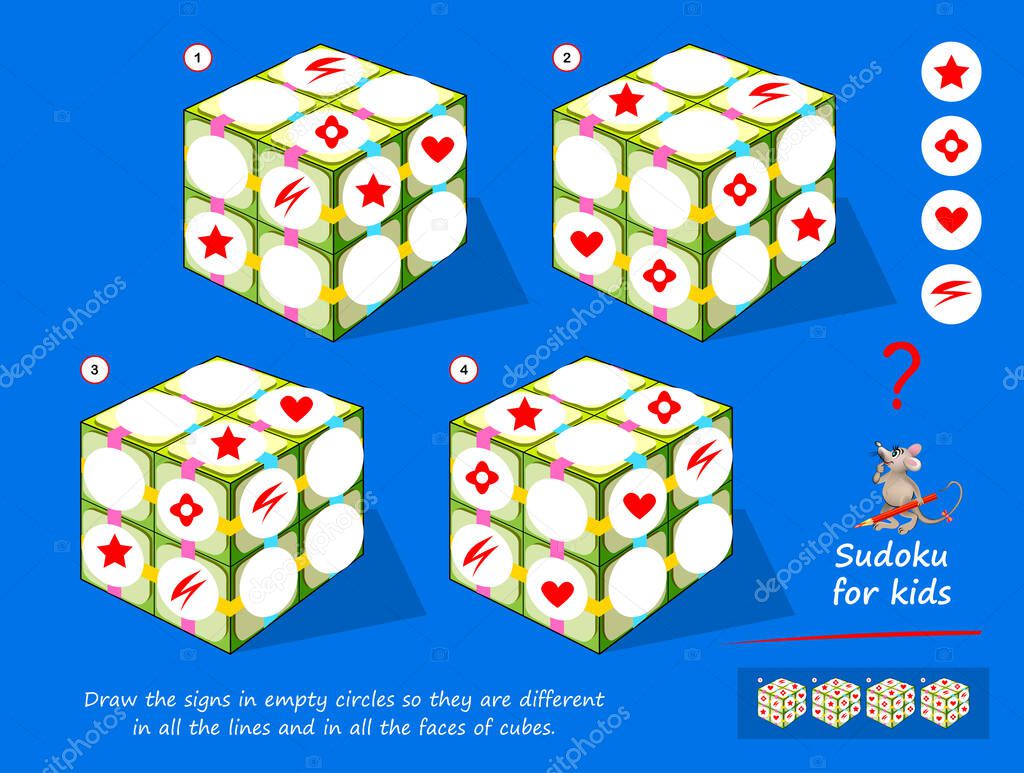 Set of logic 3D Sudoku puzzle games for kids. Draw the signs in empty circles so they are different in all lines and in all faces of cubes. Printable page for children brain teaser book. Play online.