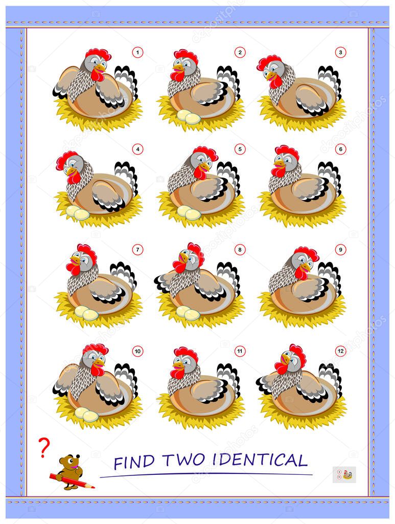 Logic puzzle game for children and adults. Find two identical hens. Printable page for kids brain teaser book. IQ test. Flat vector cartoon illustration. Task for attentiveness. Play online.