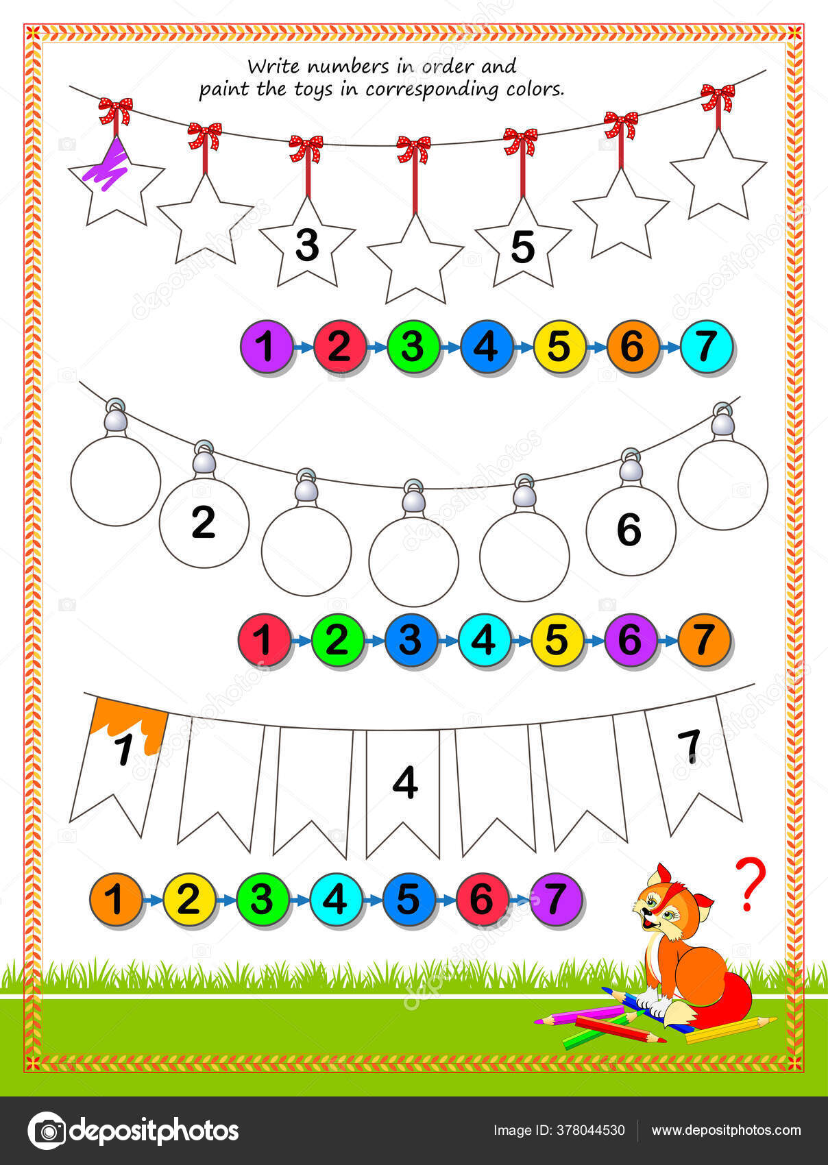 Educação Matemática Para Crianças Escrever Números Ordem Pintar Brinquedos  Cores imagem vetorial de Nataljacernecka© 378044530