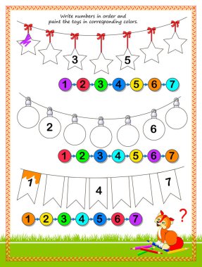 Çocuklar için matematik eğitimi. Rakamları sırayla yaz ve oyuncakları karşılık gelen renklerle boya. Okul için çalışma çizelgesi. Boyama kitabı. Çocuk faaliyet listesi. Çevrimiçi oyun. Dikkat için oyun görevi.