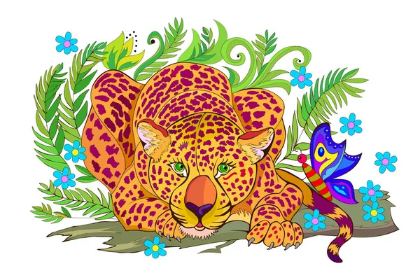 Fantasia Ilustração Leopardo Bonito Selva Olhando Para Borboleta Capa Para —  Vetores de Stock