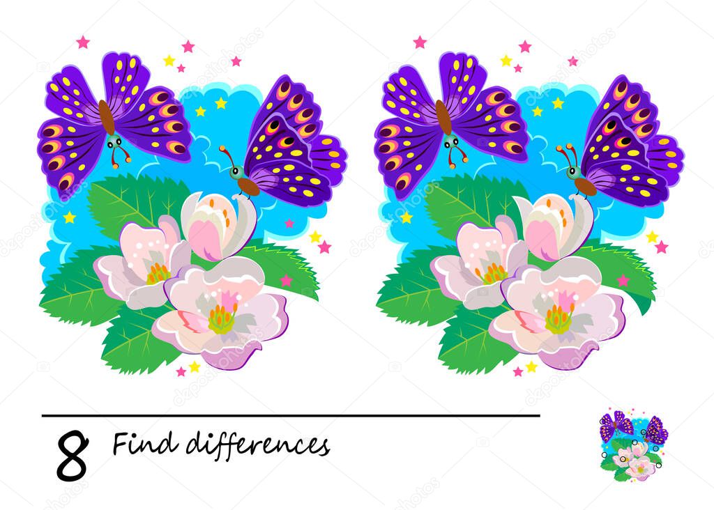 Find 8 differences. Logic puzzle game for children and adults. Printable page for kids brain teaser book. Illustration of butterflies and spring flowers. Task for attentiveness. IQ test. Play online.