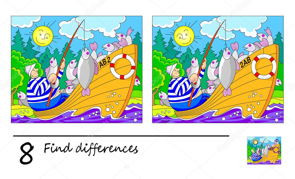 Find 8 differences. Logic puzzle game for children and adults. Page for kids brain teaser book. Illustration of a man fishing in boat. Task for attentiveness. Play online. Developing counting skills.