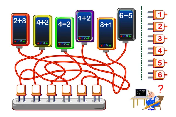 儿童的数学教育 学习加减法的孩子的网页 帮助教授计算如何给手机充电 求解示例并写入数字 在线游戏 — 图库矢量图片