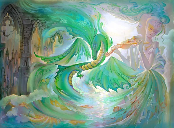 ドラゴンのためのノクターン キャンバス上の油絵 ゴシック海の深淵の間で2面の妖精の演奏音楽のファンタジーイラスト 妖精の国からケルトの獣を再生 Breton Sea — ストック写真