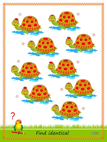 儿童和成年人的逻辑拼图游戏 找到两只一模一样的乌龟为孩子们打印的智力测验书 智商测试平面矢量卡通画 注意的任务 在网上玩 — 图库矢量图片