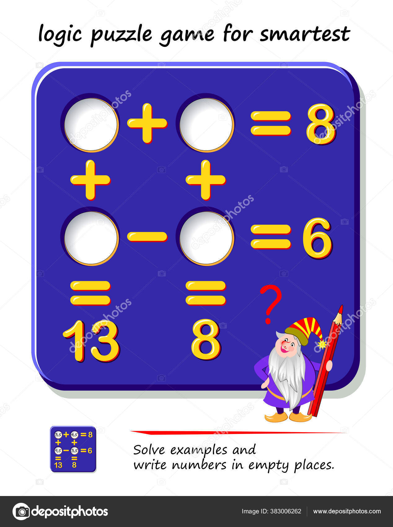 Jogo Quebra Cabeça Lógica Matemática Para Mais Inteligente Resolva Exemplos  imagem vetorial de Nataljacernecka© 383006262