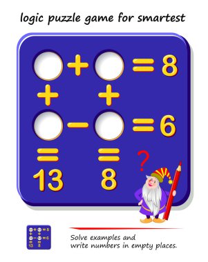 Zekiler için matematiksel mantık bulmacası oyunu. Örnekleri çöz ve boş yerlere sayılar yaz. Zeka oyunu kitabı için basılabilir sayfa. Toplama ve çıkarma üzerine çocuklar ve yetişkinler için matematik alıştırmaları.