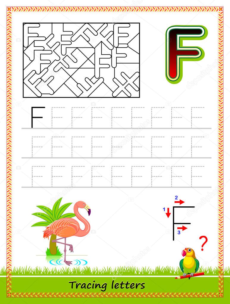 Worksheet for tracing letters. Find and paint all letters F. Kids activity sheet. Educational page for children coloring book. Developing skills for writing and tracing ABC. Online education.