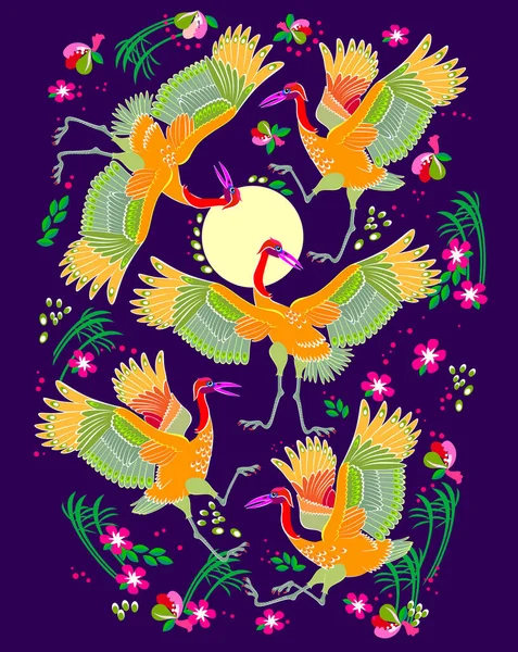 Красивые Журавли Танцуют Вокруг Луны Современная Печать Ткани Текстиля Вышивки — стоковый вектор