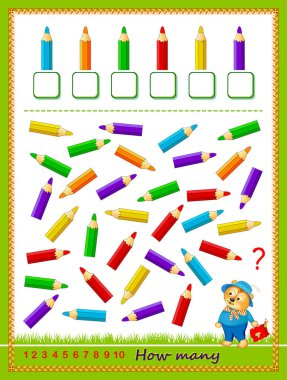 Çocuklar için matematik eğitimi. Kalem miktarını say ve rakamları yaz. Sayma becerileri geliştiriyorum. Mantık bulmacası oyunu. Okul ders kitabı için çalışma çizelgesi. Çocuk faaliyet listesi. Çevrimiçi oyna.