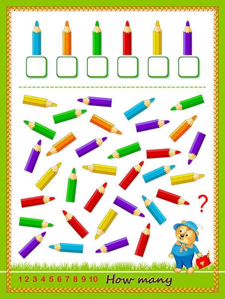 儿童数学教育 计算铅笔的数量并写下数字 发展计数技能 逻辑拼图游戏 学校课本的工作表 儿童活动表 在网上玩 — 图库矢量图片
