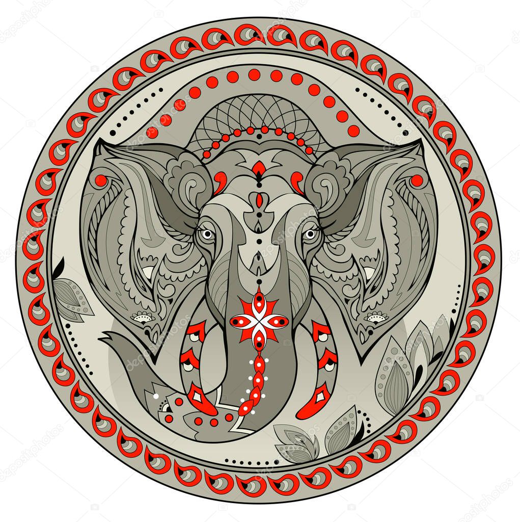 Medallion with Indian elephant head. Coin with eastern decoration and fairy tale environment. Modern print for clothes and fabric. Illustration of logo for animal lovers. Abstract flat vector.