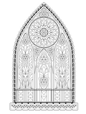 Güllü güzel Gotik vitray pencere. Batı Avrupa 'da ortaçağ mimarisi. Boyama kitabı için siyah beyaz fantezi çizimi. Çocuklar ve yetişkinler için çalışma tablosu. Vektör illüstrasyonu.