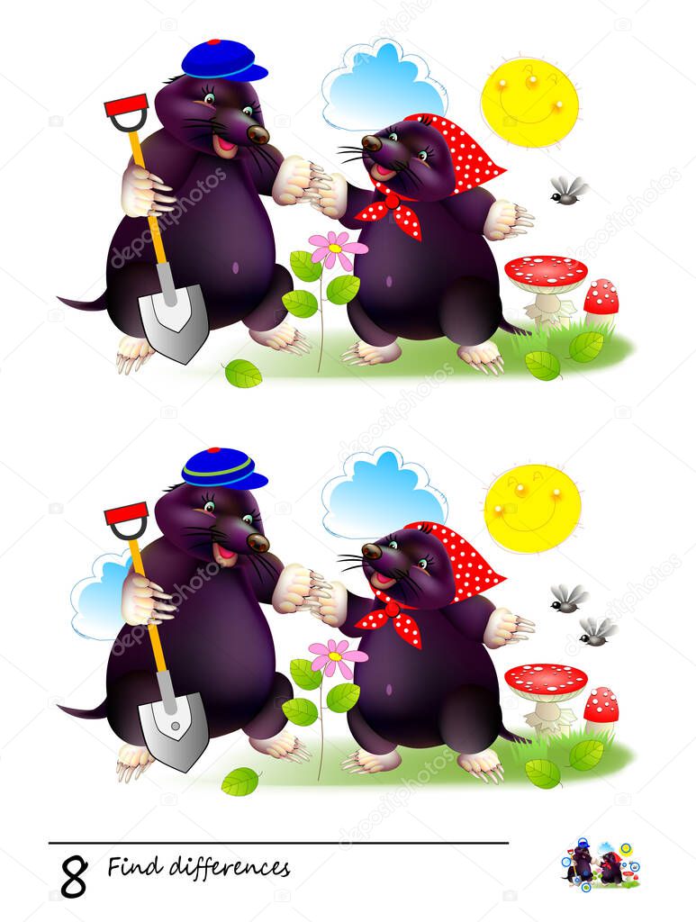 Find 8 differences. Logic puzzle game for children and adults. Page for kids brain teaser book. Illustration of two cute moles planting a flower. Task for attentiveness. Play online. Math education.