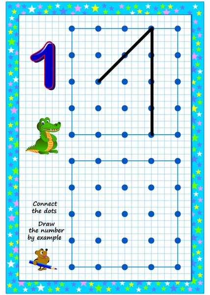 Pagina Educativa Bambini Piccoli Carta Quadrata Unisci Puntini Disegna Numero — Vettoriale Stock