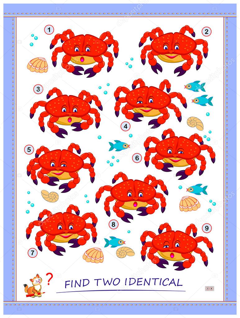 Logic puzzle game for children and adults. Find two identical crabs. Printable page for kids brain teaser book. IQ test. Flat vector cartoon illustration. Task for attentiveness. Play online.