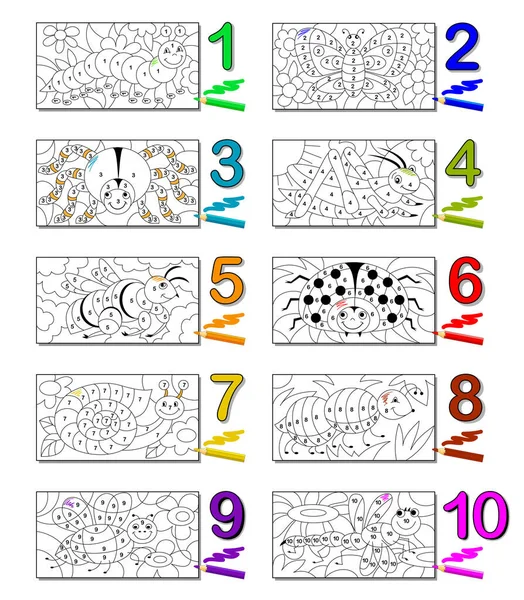 一套用于给书着色的昆虫 儿童的数学教育 学校课本的工作表 儿童活动表 在线游戏 按照数字把插图涂上油漆 — 图库矢量图片