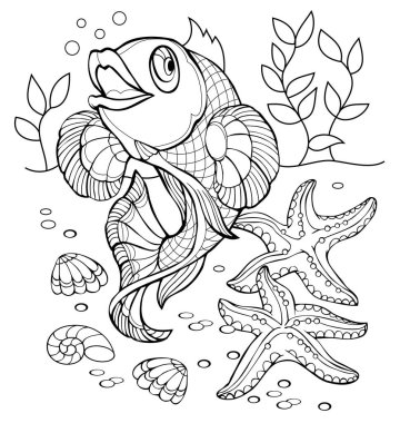 Bebek boyama kitabı için siyah beyaz sayfa. Suyun altında yüzen sevimli peri masalı balığı tasviri. Çocuklar için basılabilir şablon. Çocuklar ve yetişkinler için çalışma tablosu. El çizimi vektör resmi.