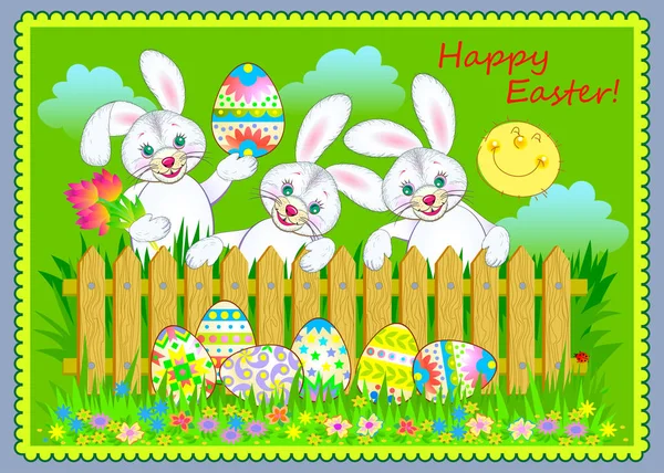 Caza Huevos Tarjeta Felicitación Pascua Ilustración Tres Lindos Conejitos Los — Vector de stock