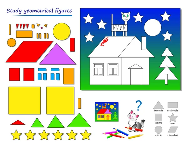 Oktatási Oldal Gyerekeknek Keresse Meg Megfelelő Geometriai Ábrákat Fesse Képet — Stock Vector