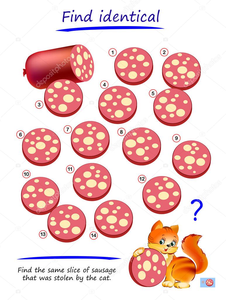 Logic puzzle game for children and adults. Find the same slice of sausage that was stolen by the cat. Printable page for kids brain teaser book. Developing spatial thinking. IQ test. Play online.