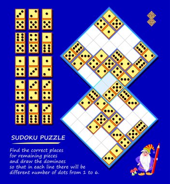 Mantık bulmacası Sudoku oyunu. Kalan parçalar için doğru yerleri bul ve domino taşı çiz böylece her satırda 1 'den 6' ya kadar farklı sayıda nokta olacak. İnternette oyna. IQ testi.