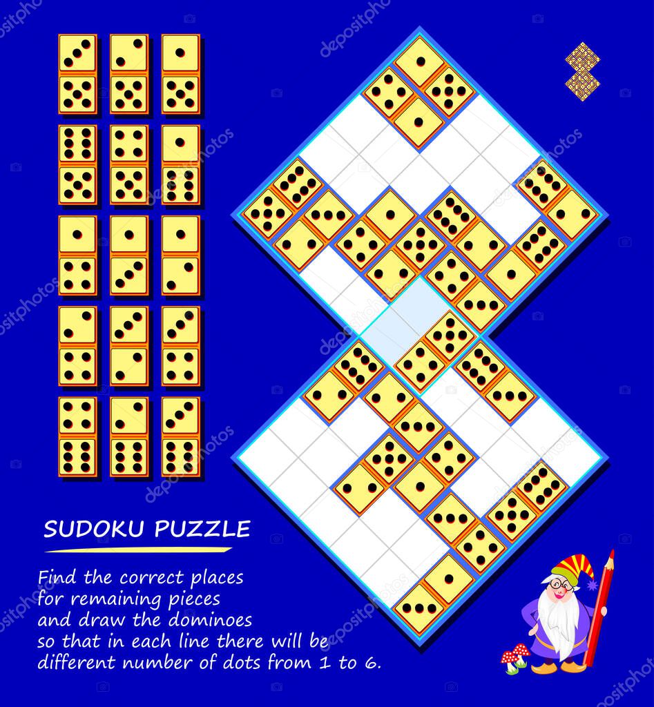 Logic puzzle Sudoku game. Find correct places for remaining pieces and draw dominoes so that in each line there will be different number of dots from 1 to 6. Play online. IQ test.