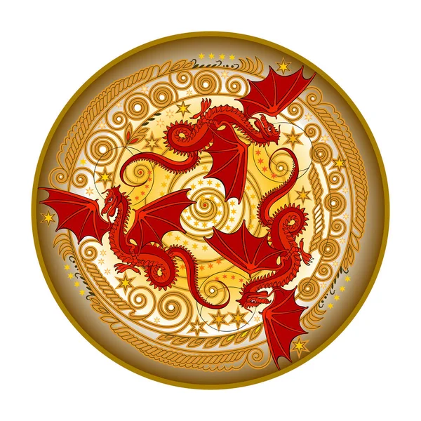 Круглое Блюдо Украшено Тремя Красными Танцующими Драконами Народный Этнический Знак — стоковый вектор