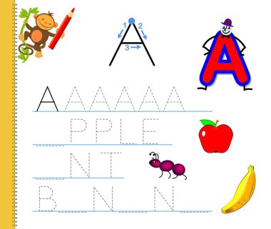 A harfinin izini sürmeyi öğren. İngilizce sözcükler çalış. Çocuklar için çalışma çizelgesi. Anaokulu için ABC ile eğitim oyunu. Yazmak ve okumak için çocuk becerileri geliştiriyor. Vektör çizgi film illüstrasyonu.