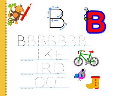 B harfinin izini sürmeyi öğren. İngilizce sözcükler çalış. Çocuklar için çalışma çizelgesi. Anaokulu için ABC ile eğitim oyunu. Yazmak ve okumak için çocuk becerileri geliştiriyor. Vektör çizgi film illüstrasyonu.