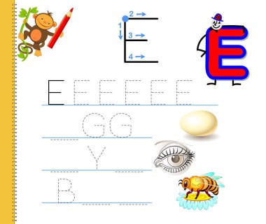 E harfinin izini sürmeyi öğren. İngilizce kelimeler çalış. Çocuklar için çalışma çizelgesi. Anaokulu için ABC ile eğitim oyunu. Yazmak ve okumak için çocuk becerileri geliştiriyor. Vektör çizgi film illüstrasyonu.