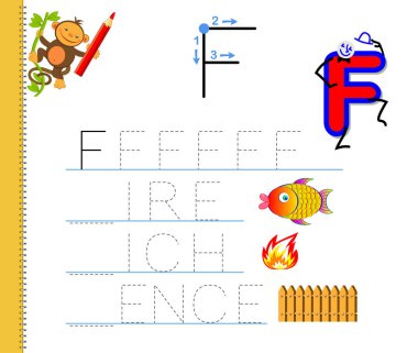 F harfinin izini sürmeyi öğren. İngilizce kelimeler çalış. Çocuklar için çalışma çizelgesi. Anaokulu için ABC ile eğitim oyunu. Yazmak ve okumak için çocuk becerileri geliştiriyor. Vektör çizgi film illüstrasyonu.