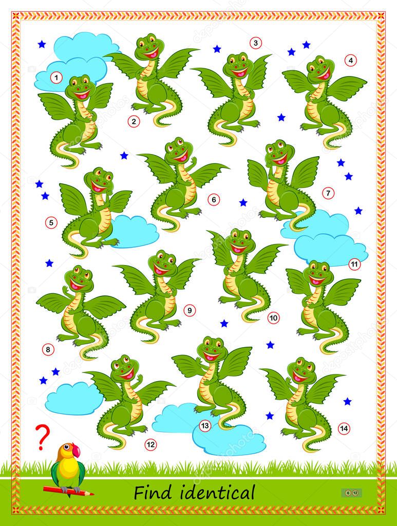 Logic puzzle game for children and adults. Find two identical dragons. Printable page for kids brain teaser book. Developing spatial thinking skills. IQ test. Task for attentiveness. Play online.
